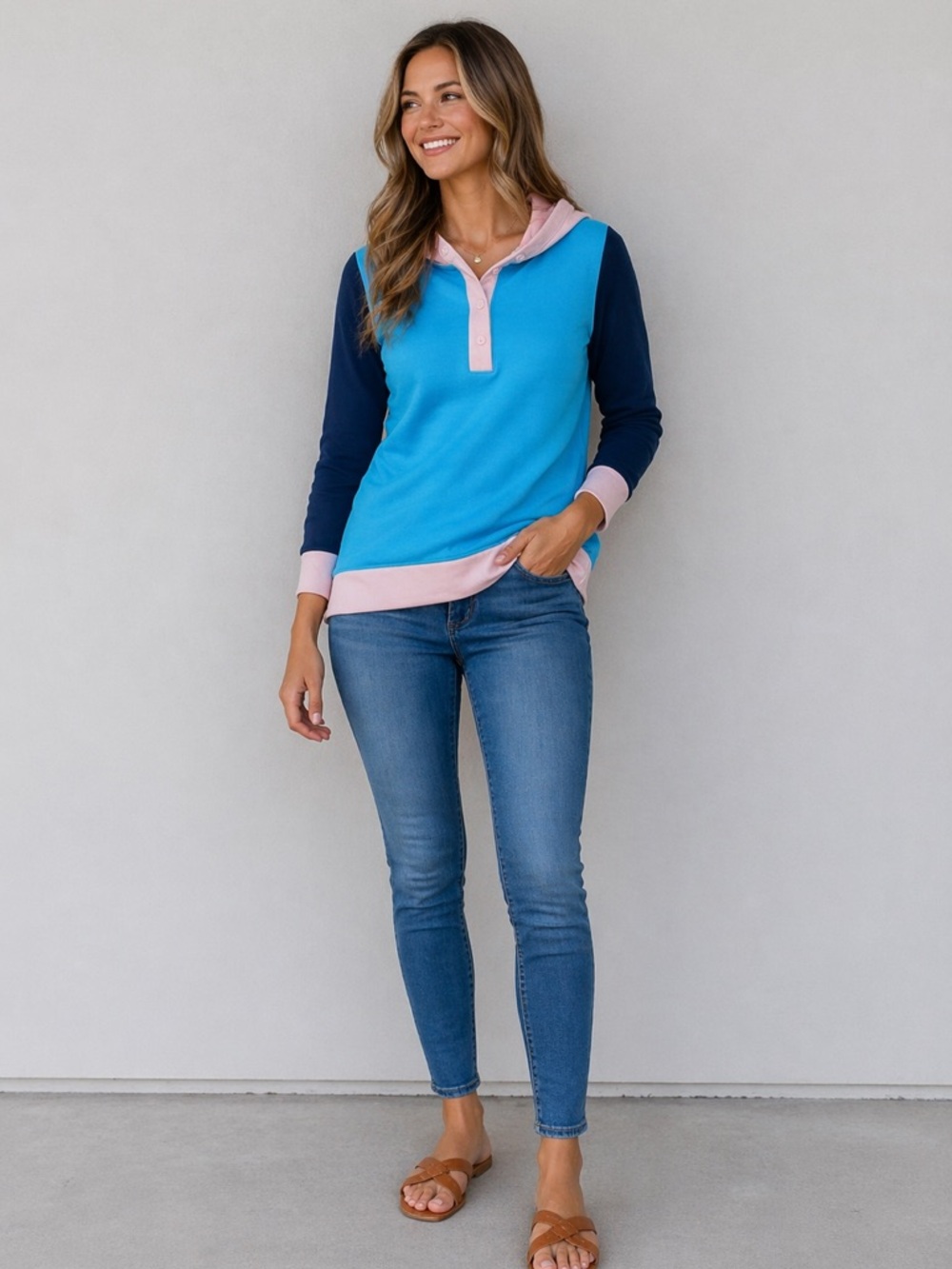 Lands End Serious Sweats Womens 1X Colorblock Henley Pullover Sweatshirt